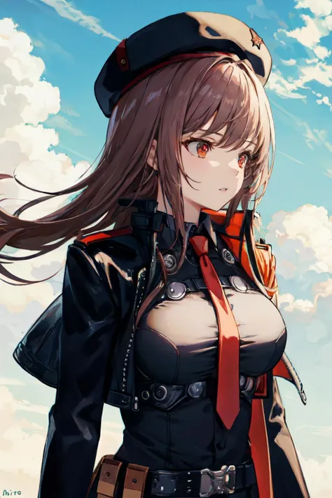 <lora:rapi_nikke:1>rapi nikke, hat, cloud, brown hair, black headwear, sky, looking away, upper body, red necktie, beret, cropped jacket, necktie, day, outdoors, jacket, open jacket, black jacket, looking to the side, open clothes, black leotard, solo, long hair, 1girl, parted lips, belt, signature, blue sky, red eyes, large breasts, long sleeves, leotard
