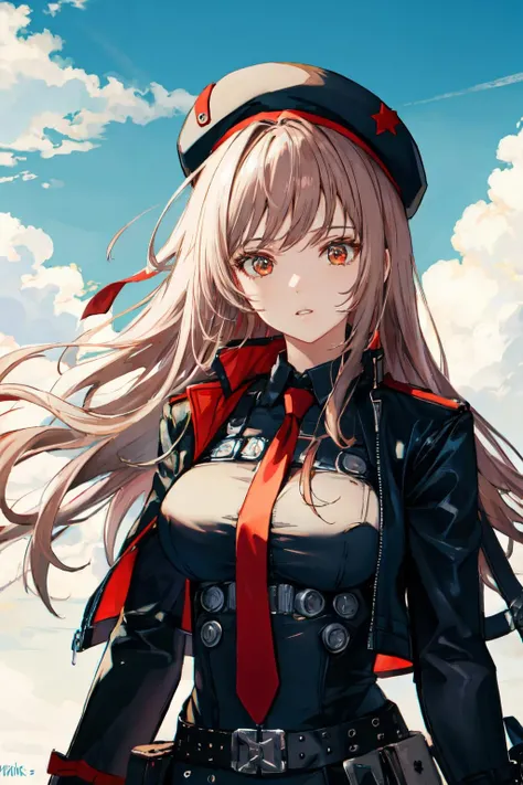 <lora:rapi_nikke:1>rapi nikke, hat, cloud, brown hair, black headwear, sky, looking away, upper body, red necktie, beret, cropped jacket, necktie, day, outdoors, jacket, open jacket, black jacket, looking to the side, open clothes, black leotard, solo, long hair, 1girl, parted lips, belt, signature, blue sky, red eyes, large breasts, long sleeves, leotard