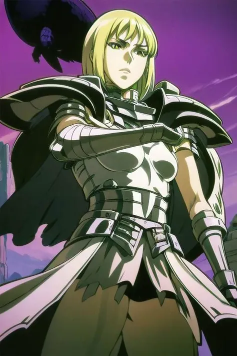 Galatea, tall slender person, athletic female, pale skin, white skin, veins, full body,
short hair, blonde hair, 
yellow eyes, cat's pupil,
round face, pronounced facial features,
white tight shirt, open shoulder, sleeves,  white gloves, white tight pants, tight clothe,
shoulder armor, armor skirt, red crest symbol,
metal bracelets, metal boots, high boots,
looking at viewer, angry, intimidating gaze,
welding a sword,
purple aura,
battlefield on background,
drawing style,
dynamic light, 
ultra detail,
extremely detailed CG, 
micro intricate, 
highly detailed skin,
highly detailed face, 
highly detailed pupils, 
highly detailed iris, 
RAW photo, 
best quality, 
high resolution,
((masterpiece)),
realistic,
sharp focus, 
HDR, 8K resolution,
intricate detail, 
sophisticated detail, 
hyper detailed,
(depth of field), 
highlight and shadow,
volumetric lighting,
highly detailed background,
by Kentaro Miura:1.1,
comicbookpencils:0.9,
greyscale(line art:1.1)