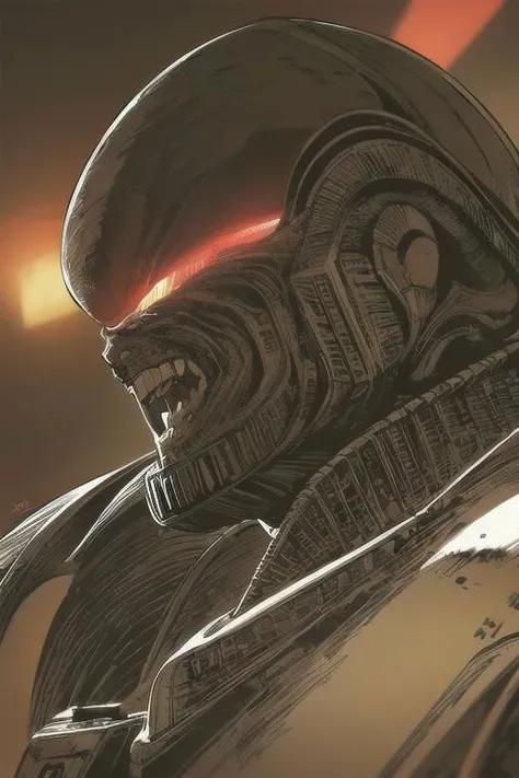Robot, drone, science fiction, no human, xeno,
tall slender person, athletic, pale skin, white skin,
short purple hair,
red eyes,
crazy smile,
robotic face,
red display,
round face, 
robotic wings, robotic limbs, sharp long claws,
white tight shirt, open shoulder, sleeves,  white gloves,  tight clothe,
armor skirt,
metal boots, high boots,
black sun, red sunlight,
looking at viewer, angry, intimidating gaze,
drawing style,
dynamic light, 
ultra detail,
extremely detailed CG, 
micro intricate, 
highly detailed skin,
highly detailed face, 
highly detailed pupils, 
highly detailed iris, 
RAW photo, 
best quality, 
high resolution,
((masterpiece)),
realistic,
sharp focus, 
HDR, 8K resolution,
intricate detail, 
sophisticated detail, 
hyper detailed,
(depth of field), 
highlight and shadow,
volumetric lighting,
highly detailed background,
by Kentaro Miura:1.1,
comicbookpencils:0.9,
greyscale(line art:1.1)