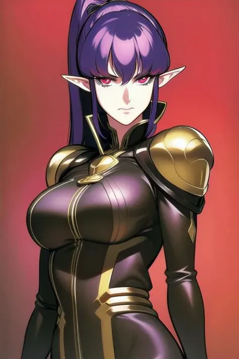 tall slender person,
fit female,
elf female,
villain,
solo,
((dark skin)),
black skinned female,
body tattoo,
black sclera,
yellow eye,
red eye,
heterochromia,
medium breasts,
medium hair,
ponytail hair,
purple hair,
black hair,
split colored hair,
purple lipls,
red and black clothe with golden edges,
fantasty armor,
long pointy ears,
black robe,
open robe,
short armor skirt,
gauntlet,
fingerless gloves,
standing,
looking at viewer,
black red color,
thematic background,
darkness theme,
dynamic light, 
ultra detail,
extremely detailed CG, 
micro intricate, 
((((comicbookpencils)))),
realistic,
highly detailed skin,
highly detailed face, 
highly detailed pupils, 
highly detailed iris, 
RAW photo, 
best quality, 
high resolution,
((masterpiece)),
photorealistic, 
realistic,
sharp focus, 
HDR, 8K resolution,
intricate detail, 
sophisticated detail, 
hyper detailed,
(depth of field), 
highlight and shadow,
volumetric lighting,
highly detailed background,