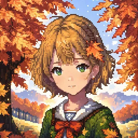 pixel art,
(((sunset))), flat color, Golden ratio, {masterpiece:1.5}, {extremely detailed CG unity 8k wallpaper:1.5}, {Grim expression:1.2}, {1girls:2}, {full body:1.8}, {cry, smile:1.8}, The wind blows the maple leaves, extremely detailed maple leaf, {extremely detailed eyes:1.5}, {extremely beautiful detailed anime face:1.5}, black hair, {cute animal face:1.5}, {extremely delicate and beautiful girls:1.4}, blue eyes,{glowing eyes, blank stare:1.5}, {backlight:2}, body is turning into maple leaves, {flowing maple leaf background:1.4}, {depth of field:2}, Red light, extremely detailed sky, clothes with maple leaf, {Maple tree background:1.5}, body with maple leaf , floating hair with maple leaf, looking at viewer, maple leaf forground, hair with maple leaf, {flowing hair:1.2}, The picture fills the canvas, {flowing:1.2}, dynamic angle