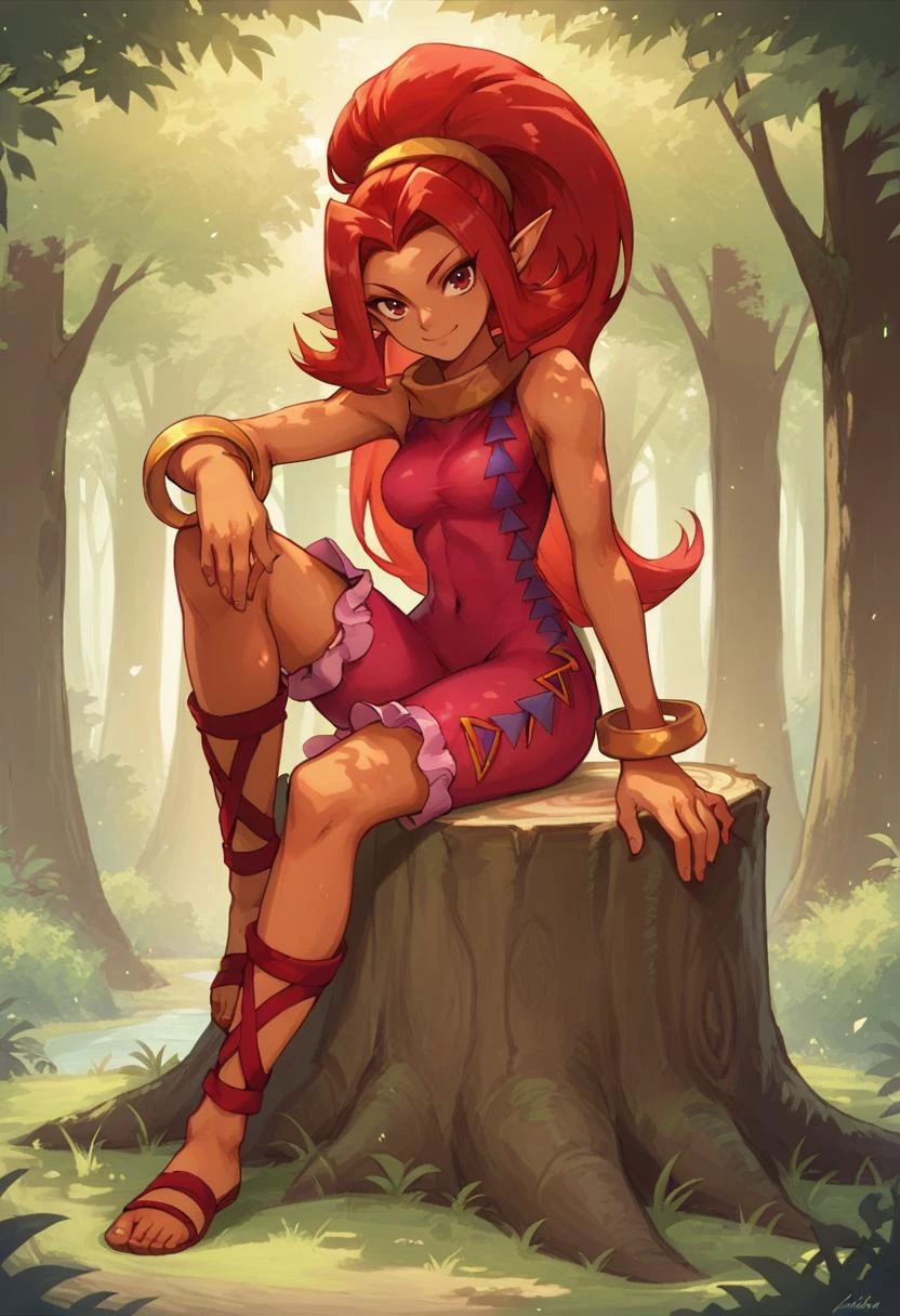 score_9, score_8_up, score_7_up, source_anime, 1girl, sitting, looking at you, smile, <lora:Din_Zelda_Anime_P1:1> Din_Zelda, dark skin, red unitard, medium breasts, tree stump, forest