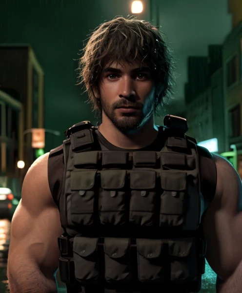 1male, masterpiece, absurdres, city night rain background, black shaggy hair, black eyes, bullet proof vest, (sleeveless green shirt:1.1), chest hair, looking at viewer, handsome, stubble <lora:Carlos_Oliveira:1.4>