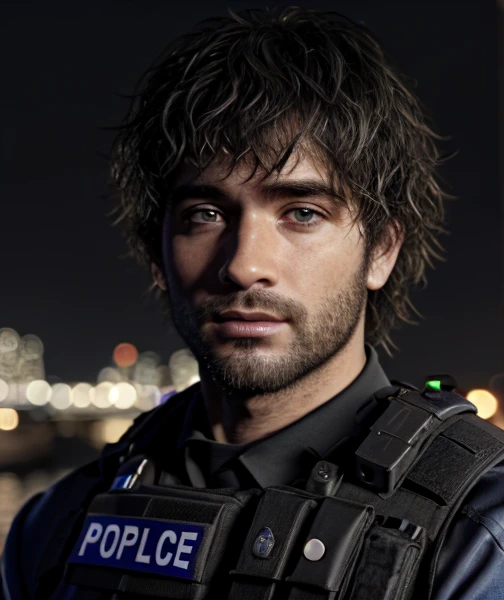 1male, masterpiece, 4k, ultra realistic, policeman, city night background, carlos oliveira, portrait, black shaggy hair <lora:Carlos_Oliveira:1>