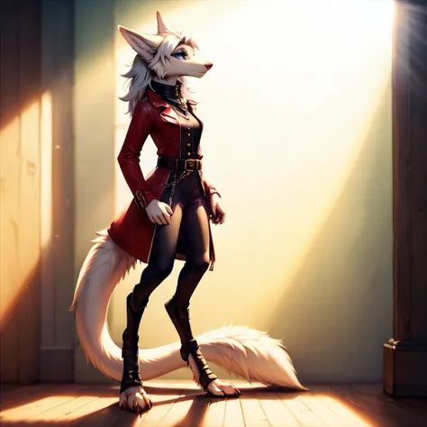 score_9, score_8_up, score_7_up,stellaris,mammalian,1girl,solo,breasts,looking at viewer,segal head,blue eyes,long sleeves,animal ears,closed mouth,standing,red jacket,tail,full body,white hair,small breasts,belt,high heels,collar,from side,profile,makeup,buttons,chain,wolf ears,claws,wolf tail,furry,legs together,light rays,furry female,white fur,animal nose,spotlight,digitigrade, long legs
<lora:StellarisPony-000017:0.6>