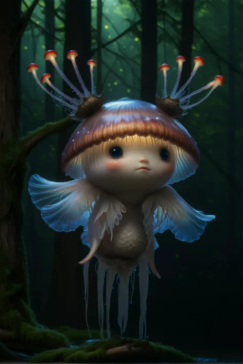 A beautiful portrait art of a magic creature, :d, cute face,
Aquatic race, jelly fish head, jelly substance body, cute, Fungoid race, mushroom head, wings,
soft light, excellent composition,
best quality, depth of field, hyperdetailed photograph,
hyper realistic,
magic luminoesence forest on bg,
 <lora:Stellaris_Avatar_Portriats_XL:0.65>