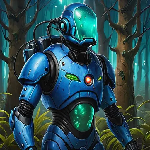 masterpiece,high qualiti,absurd quality,32k,16k,8k,no pixels,<lora:Stellaris_Avatar_Portriats_XL:0.81>,blue themed forest backround,Toxoid race,solo,open mouth,no humans,robot,monster,horror (theme),blue slime skin,wearing robot suit