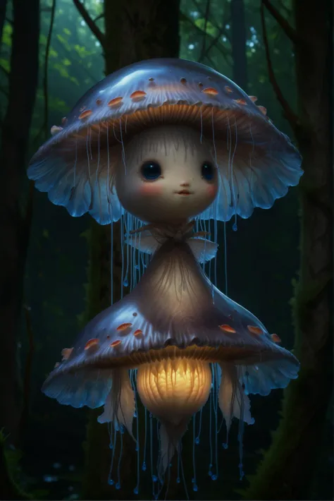 A beautiful portrait art of a magic creature, :d, cute face,
Aquatic race, jelly fish head, jelly substance body, cute, Fungoid race, mushroom head, wings,
soft light, excellent composition,
best quality, depth of field, hyperdetailed photograph,
hyper realistic,
magic luminoesence forest on bg,
<lora:Stellaris_Avatar_Portriats_XL:0.65>