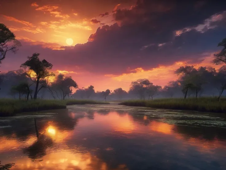 fantasy, Floodplain, Eye-catching sunset, Masterpiece realistic, best high quality, perfect details, intricate details, nice lighting, detailed background,<lora:eye-catching_sunset:1.0>