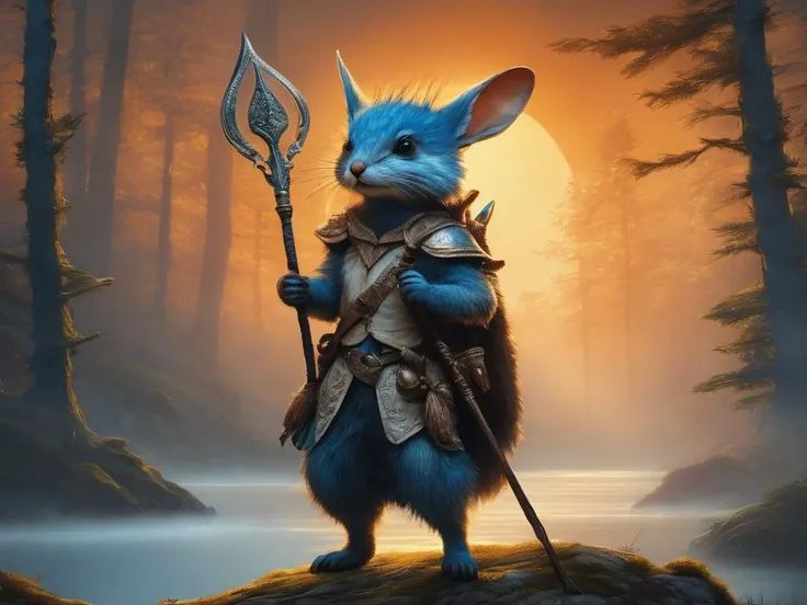 illustration of a little magical cute forest creature. The creature IS holding a spear. fantasy art, intricate details, style Jean - Baptiste Monge, style Alan Lee, anthropomorphic insanity scene from a movie, dramatic shot angle, atmospheric particles, Real, raw cinematic photorealism, action portrait, 8k, detailed, centered, full frame, blue eyes, Eye-catching sunset, Masterpiece realistic, best high quality, perfect details, intricate details, nice lighting, detailed background,<lora:eye-catching_sunset:1.0>