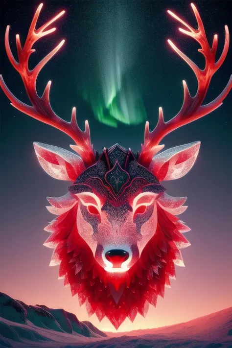 Combination of etching and woodblock print, night outdoors, a portrait of an anthropomorphic Viking deer warrior, fearsome expression, his helmet adorned with huge reindeer antlers, trapped in a giant block of ice, the aurora dances through the sky overheadr, stars abound, detailed lines, vivid colors and shadows, ancient Norse stylings, Viking age patterns, dynamic pose, light and dark, redice, <lora:redice-concept-richy-v1:1>, aurorastyle, <lora:aurora-style-richy-v1:.5>, red theme