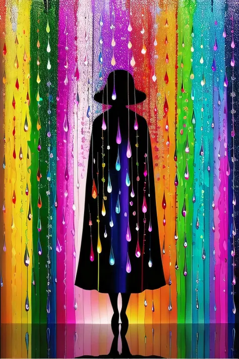 high quality, 8K, a vibrant canvas illuminated by a cascade of multicolored rain drops, forming a silhouette of a large (mysterious feminine figure) blocking some of the rain, dynamic lines and patterns