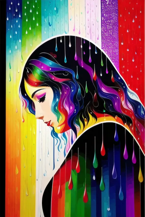 high quality, 8K, a vibrant canvas illuminated by a cascade of multicolored rain drops, forming a silhouette of a large (mysterious feminine figure) blocking some of the rain, dynamic lines and patterns