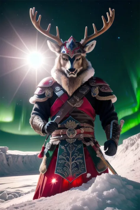 Combination of etching and woodblock print, night outdoors, a portrait of an anthropomorphic Viking deer warrior, fearsome expression, his helmet adorned with huge reindeer antlers, trapped in a giant block of ice, the aurora dances through the sky overheadr, stars abound, detailed lines, vivid colors and shadows, ancient Norse stylings, Viking age patterns, dynamic pose, light and dark, redice, <lora:redice-concept-richy-v1:1>, aurorastyle, <lora:aurora-style-richy-v1:.5>, red theme
