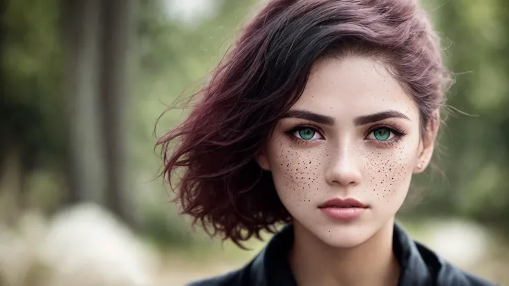 an awarded photo of 1 girl with greek beauty, she has small nose and delicate freckles, alabaster white skin with big green eyes and black brows and black long wawing hairstyle with bloody red hair tips, posing to time magazine in modern cafe , dynamic pose,perfect quality masterpiece, ultradetailed, ultrasharp, best quality, photorealistic, cinematic lights, half body shot, realistic photography, analog photography, looks like real, boekh, deep of field, <lora:rMadArt3_NoiseOffset:1>