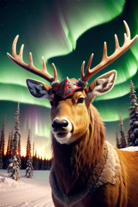 Combination of etching and woodblock print, night outdoors, a portrait of an anthropomorphic Viking deer warrior, fearsome expression, his helmet adorned with huge reindeer antlers, trapped in a giant block of ice, the aurora dances through the sky overheadr, stars abound, detailed lines, vivid colors and shadows, ancient Norse stylings, Viking age patterns, dynamic pose, light and dark, redice, <lora:redice-concept-richy-v1:1>, aurorastyle, <lora:aurora-style-richy-v1:.5>, red theme