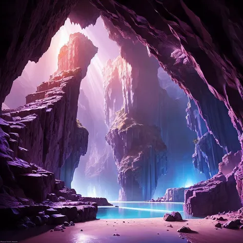 an mental image: a beautiful crystal geode in a cavern, landscape, alex ross, eddie mendoza, raphael lacoste, sebastian ludke, concept art, matte painting, highly detailed, rule of thirds, dynamic lighting, cinematic, detailed, magnificiant landscape, denoised, centerd