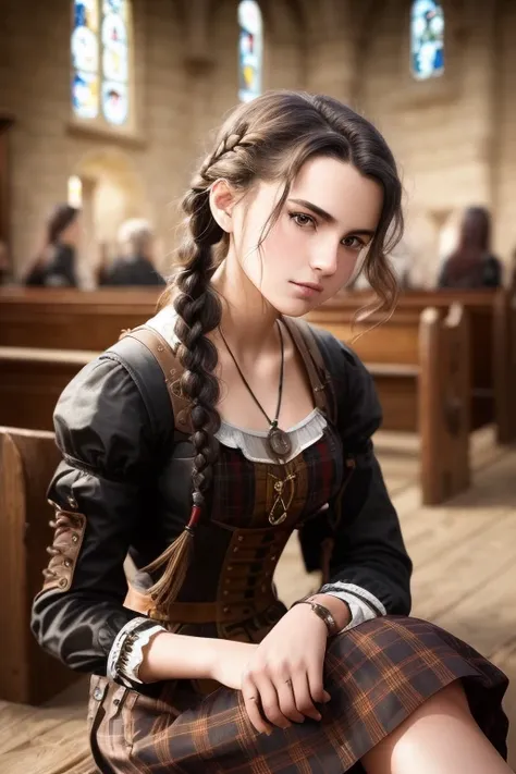 young , teenage, , (from_below:1.3) (sitting:1.2), (hand_on_hip:1.2), black_hair,braid, steampunk, black, plaid , leather, intricate dress, (female focus:1.3), church, holding pendant, jewelry, (full_body:1.4), (((realistic))), (sharp focus:1.4), masterpiece, high quality, realistic lighting, center of frame, 8k, hdr