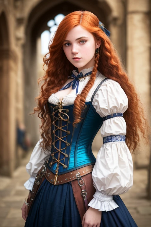 , , (from_below:1.3) (crossed_ankles:1.2), (girl:1.2), auburn_hair,long_hair, steampunk, blue, fabric, intricate corset, (female focus:1.3), medieval city, holding pendant, jewelry, (full_body:1.4), (((realistic))), (sharp focus:1.4), masterpiece, high quality, realistic lighting, center of frame, 8k, hdr