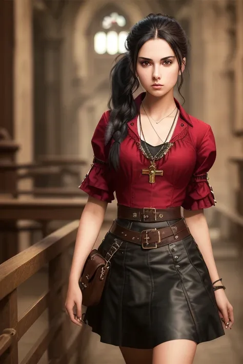 young , teenage, girl, (from_side:1.3) (crossed_ankles:1.2), (hand_on_hip:1.2), black_hair,ponytail, steampunk, red, fabric , leather, intricate skirt, (female focus:1.3), church, holding pendant, jewelry, (full_body:1.4), (((realistic))), (sharp focus:1.4), masterpiece, high quality, realistic lighting, center of frame, 8k, hdr