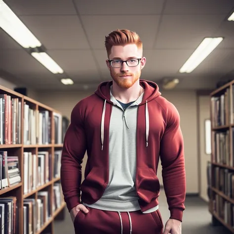 (extremely detailed CG unity 8k wallpaper), modelshoot style photograph of a young Adult Male redhead bodybuilder, (Heath Ledger:0.4), Feeling Inspired, Muscular Body, Round head, Face with classic moustache, full beard,  Light skin, Round eyes, Eye scan, Smiling, (Wearing Reading glasses:1.2),  Pompadour Haircut, (Wearing Hoodie:1.2), (Wearing Sweatpants:1.3), (Barefoot:1.2), Scene shot with Blackmagic Production Camera 4K, Full shot View, Standard, Tamron 45mm f/1.8 Di VC USD, Shallow (Focal Blur), Dramatic Lighting, Library Background, bookshelves