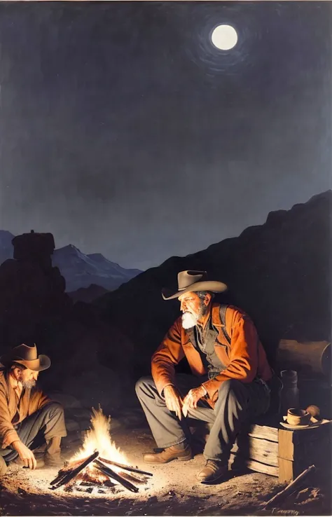 chalk and vermillion canvas oil painting of an old west prospector (sitting:1.2) next to a dying campfire late at night, midnight:1.5, (Johnson Moonlight Technique), clear skies, American Old West, by (Frank Tenney Johnson:1.6), by Frederic Remington, by HW Hansen, by Charles Marion Russell, by William Herbert Dunton, dramatic, beautiful and diffuse soft moonlit lighting, shadows, immersive, cool color palette