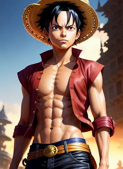 fantasy style waist shot portrait of Luffy from One Piece, highly detailed, photorealism, digital painting, artstation, concept art, sharp focus, illustration, best quality, 4k, art by artgerm and greg rutkowski and alphonse mucha