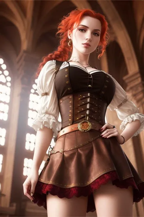 girl, girl, (from_below:1.3) (lying:1.2), (hand_on_hip:1.2), red_hair,ponytail, steampunk, brown, lace_trim, intricate skirt, (female focus:1.3), church, holding pendant, jewelry, (full_body:1.4), (((realistic))), (sharp focus:1.4), masterpiece, high quality, realistic lighting, center of frame, 8k, hdr