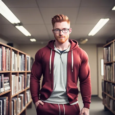(extremely detailed CG unity 8k wallpaper), modelshoot style photograph of a young Adult Male redhead bodybuilder, (Heath Ledger:0.4), Feeling Inspired, Muscular Body, Round head, Face with classic moustache, full beard, Light skin, Round eyes, Eye scan, Smiling, (Wearing Reading glasses:1.2), Pompadour Haircut, (Wearing Hoodie:1.2), (Wearing Sweatpants:1.3), (Barefoot:1.2), Scene shot with Blackmagic Production Camera 4K, Full shot View, Standard, Tamron 45mm f/1.8 Di VC USD, Shallow (Focal Blur), Dramatic Lighting, Library Background, bookshelves