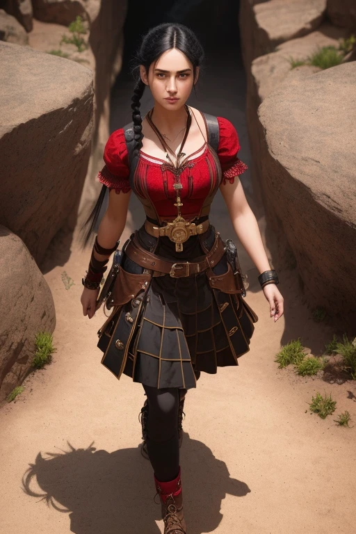 girl, , (from_above:1.3) (crossed_ankles:1.2), (hand_on_hip:1.2), black_hair,side_braid, steampunk, red, leather , fabric, intricate skirt, (female focus:1.3), cave, holding pendant, jewelry, (full_body:1.4), (((realistic))), (sharp focus:1.4), masterpiece, high quality, realistic lighting, center of frame, 8k, hdr