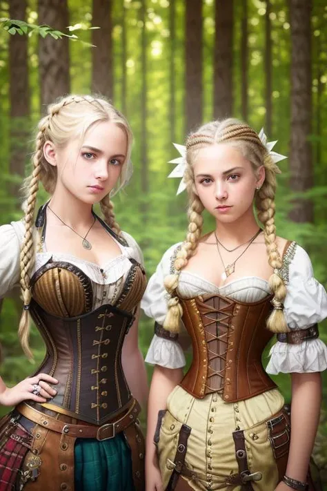teen , young, , (from_above:1.3) (on_stomach:1.2), (hand_on_hip:1.2), blonde_hair,twin_braids, steampunk, brown, fabric, intricate corset, (female focus:1.3), forest, holding pendant, jewelry, (full_body:1.4), (((realistic))), (sharp focus:1.4), masterpiece, high quality, realistic lighting, center of frame, 8k, hdr