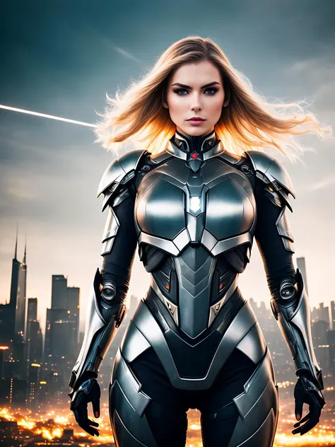 modelshoot style, award winning photo of a beautiful cyborg woman, wearing titanium futuristic armor, destroyed futuristic city in background, high contrast, soft lighting, backlighting, bloom, light sparkles, chromatic aberration, sharp focus