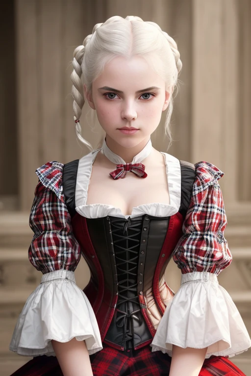 girl, girl, (from_below:1.3) (crossed_legs:1.2), (hand_on_own_face:1.2), white_hair,ponytail, victorian, red, leather , plaid, intricate corset, (female focus:1.3), castle, holding pendant, jewelry, (full_body:1.4), (((realistic))), (sharp focus:1.4), masterpiece, high quality, realistic lighting, center of frame,  8k, hdr