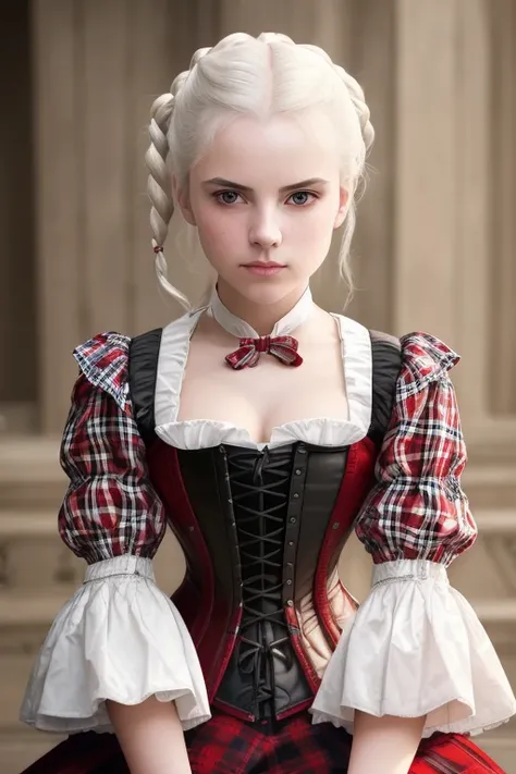 girl, girl, (from_below:1.3) (crossed_legs:1.2), (hand_on_own_face:1.2), white_hair,ponytail, victorian, red, leather , plaid, intricate corset, (female focus:1.3), castle, holding pendant, jewelry, (full_body:1.4), (((realistic))), (sharp focus:1.4), masterpiece, high quality, realistic lighting, center of frame, 8k, hdr