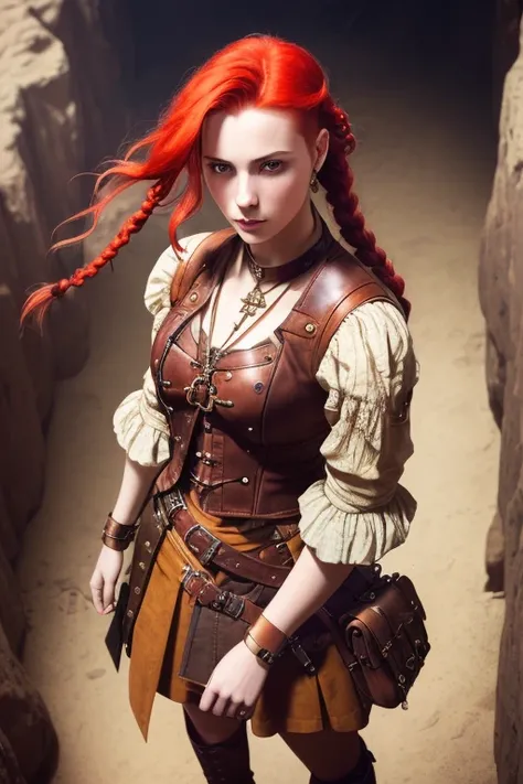 girl, (from_above:1.3) (crossed_ankles:1.2), (hand_on_own_face:1.2), red_hair,braid, steampunk, brown, leather, intricate skirt, (female focus:1.3), cave, holding pendant, jewelry, (full_body:1.4), (((realistic))), (sharp focus:1.4), masterpiece, high quality, realistic lighting, center of frame,  8k, hdr