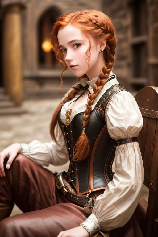teen , girl, , (from_side:1.3) (sitting:1.2), (hand_on_own_chest:1.2), auburn_hair,braid, steampunk, black, leather, intricate corset, (female focus:1.3), medieval city, holding pendant, jewelry, (full_body:1.4), (((realistic))), (sharp focus:1.4), masterpiece, high quality, realistic lighting, center of frame, 8k, hdr
