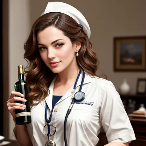 full shot body photo of the kelly brook most beautiful artwork in the world featuring ww2 nurse holding a liquor bottle sitting on a desk nearby, smiling, freckles, white outfit, nostalgia, sexy, stethoscope, heart professional majestic oil painting by Ed Blinkey, Atey Ghailan, Studio Ghibli, by Jeremy Mann, Greg Manchess, Antonio Moro, trending on ArtStation, trending on CGSociety, Intricate, High Detail, Sharp focus, dramatic, photorealistic painting art by midjourney and greg rutkowski