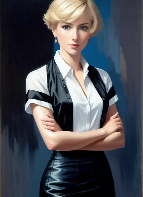 wet shirt, open shirt, pencil skirt, black skirt, blonde hair, short hair, blue eyes, eyeshadow, kneeling, woman, undressing, naked shoulders, smiling, red lips, nostalgia, sexy, professional majestic oil painting by Mikhail Vrubel, Ed Binkey, Atey Ghailan, by Jeremy Mann, Greg Manchess, Antonio Moro, trending on ArtStation, trending on CGSociety, Intricate, High Detail, Sharp focus, dramatic, photorealistic, black background