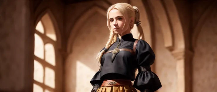 girl, , (from_below:1.3) (standing:1.2) , (hand_on_hip:1.2) , blonde_hair , side_ponytail , medieval , black leather,lace_trim , intricate skirt , (female focus:1.3), monastery , holding pendant, jewelry, (full_body:1.4), (((realistic))), (sharp focus:1.4), masterpiece, high quality, realistic lighting, center of frame, 8k, hdr