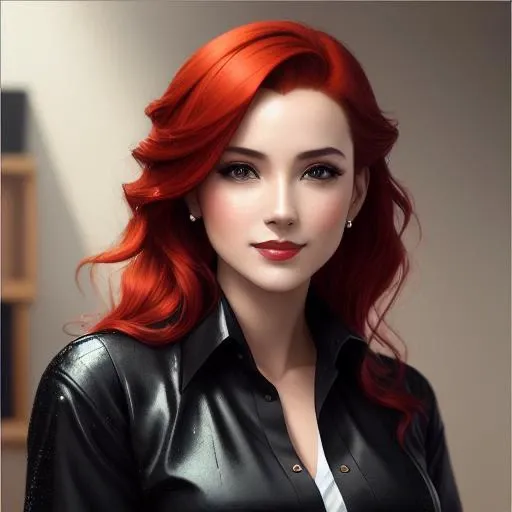 beautiful woman, red hair, black shirt, golden ratio, young, wet shirt, open shirt, eyeshadow, kneeling, woman, smiling, red lips, nostalgia, hand gesture, sexy, professional, office background, majestic oil painting by Mikhail Vrubel, Atey Ghailan, by Jeremy Mann, Greg Manchess, WLOP, Charlie Bowater, trending on ArtStation, trending on CGSociety, Intricate, High Detail, Sharp focus, dramatic, photorealistic, black background, epic volumetric lighting, fine details, illustration, (masterpiece, best quality, highres)