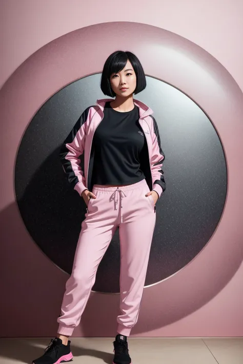 (extremely detailed CG unity 8k wallpaper), ((full shot body)) photo of (beautiful asian woman), jumbled messy unkempt black hair, bob cut, wearing a ((pale pink)) jogging suit and ((pink top)), ((modelshoot style)), smiling , visible feet, trending on ArtStation, trending on CGSociety, Intricate, High Detail, Sharp focus, dramatic, by midjourney and greg rutkowski, realism, beautiful and detailed lighting, shadows