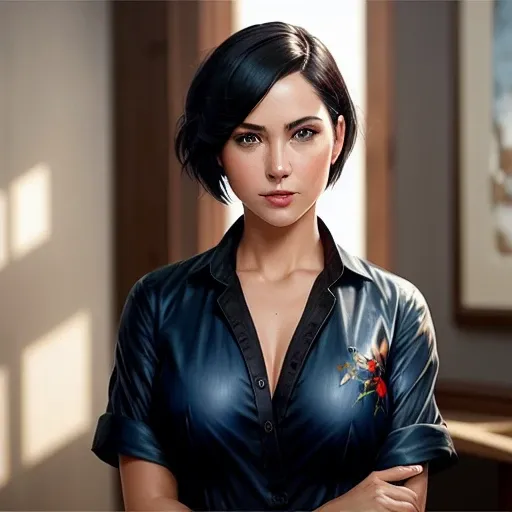 full shot body, wet shirt, open shirt, black hair, short hair, detailed blue eyes, eyeshadow, kneeling, woman, ((breast)), ((erect nipple)), smiling, red lips, nostalgia, (hand_on_hip:1.2), sexy, professional majestic oil painting by Ed Blinkey, Atey Ghailan, Studio Ghibli, by Jeremy Mann, Greg Manchess, Antonio Moro, trending on ArtStation, trending on CGSociety, Intricate, High Detail, Sharp focus, dramatic, photorealistic painting art by midjourney and greg rutkowski, fine details, illustration, (masterpiece, best quality, highres)