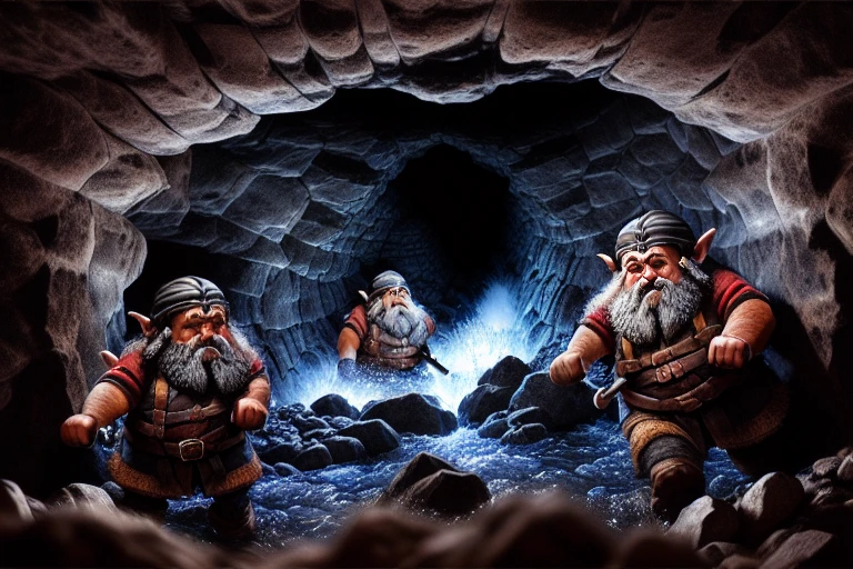 dramatic action shot of (two terrified dwarves:1.3) (running through a very narrow pitch black underground mining tunnel:1.2), (with water rushing from the walls:1.3), 15mm, tilted horizon, shot from below, highly detailed, fantasy digital painting, darkness, fear, panic