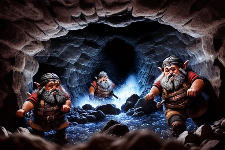 dramatic action shot of (two terrified dwarves:1.3) (running through a very narrow pitch black underground mining tunnel:1.2), (with water rushing from the walls:1.3), 15mm, tilted horizon, shot from below, highly detailed, fantasy digital painting, darkness, fear, panic