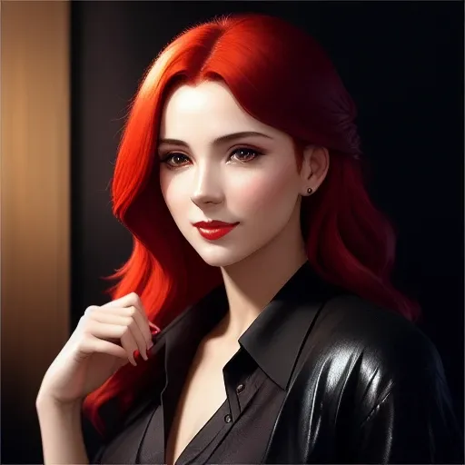 beautiful woman, red hair, black shirt, golden ratio, young, wet shirt, open shirt, eyeshadow, kneeling, woman, smiling, red lips, nostalgia, hand gesture, sexy, professional, office background, majestic oil painting by Mikhail Vrubel, Atey Ghailan, by Jeremy Mann, Greg Manchess, WLOP, Charlie Bowater, trending on ArtStation, trending on CGSociety, Intricate, High Detail, Sharp focus, dramatic, photorealistic, black background, epic volumetric lighting, fine details, illustration, (masterpiece, best quality, highres)