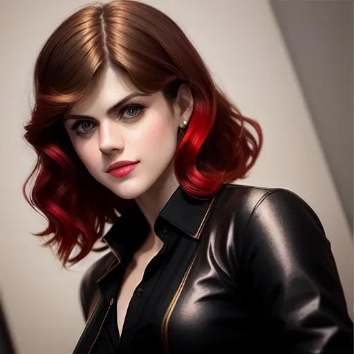((Alexandra Daddario)), marvel black widow, beautiful woman, red hair, black shirt, golden ratio, young, wet shirt, open shirt, eyeshadow, kneeling, woman, smiling, red lips, nostalgia, hand gesture, sexy, professional, office background, majestic oil painting by Mikhail Vrubel, Atey Ghailan, by Jeremy Mann, Greg Manchess, WLOP, Charlie Bowater, trending on ArtStation, trending on CGSociety, Intricate, High Detail, Sharp focus, dramatic, photorealistic, black background, epic volumetric lighting, fine details, illustration, (masterpiece, best quality, highres)