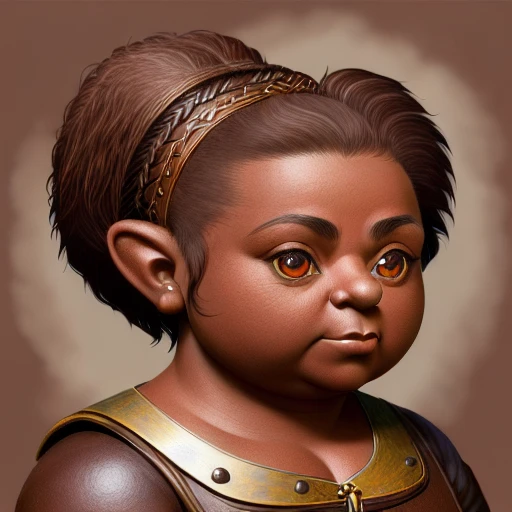 (closeup portrait:1.0) of an (adult female dwarf:1.1) that is fond of drink and industry, short and sturdy, (fat:1.1), (short straight neatly combed hair:1.3), with slightly flattened small-lobed tall broad ears, with concave nose bridge, (chocolate hair color:1.2), (dark brown skin color:1.3), (bronze eye color:1.2), highly detailed, fantasy digital painting