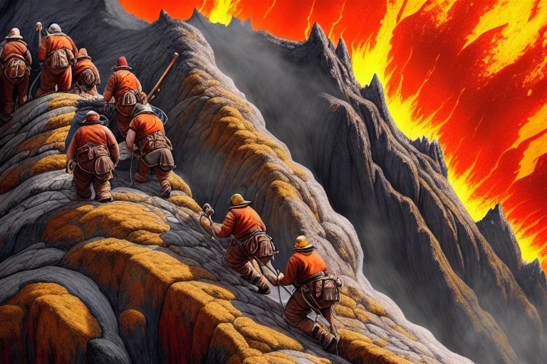 dwarves climbing up the side of a volcano, highly detailed, fantasy digital painting, (closeup dramatic shot:1.2), expedition, climbing gear, magma, sturdy, rugged, mining picks, molten rock, comradery, barrels of beer, realistic