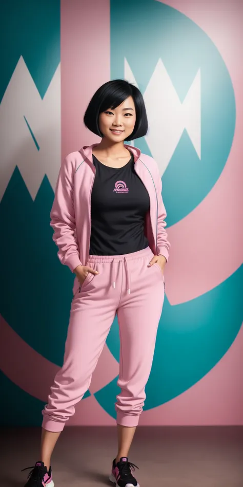 ((full shot body)) photo of (beautiful asian woman), ((futurama art style)),  jumbled messy unkempt black hair, bob cut, wearing a ((pale pink)) jogging suit, ((modelshoot style)), octane render, smiling , visible feet